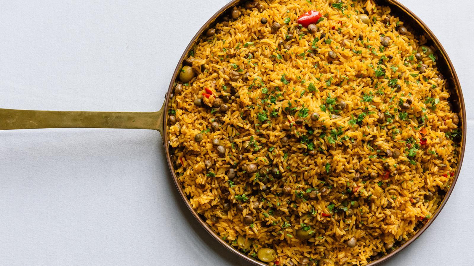 A pan full of rice and beans.