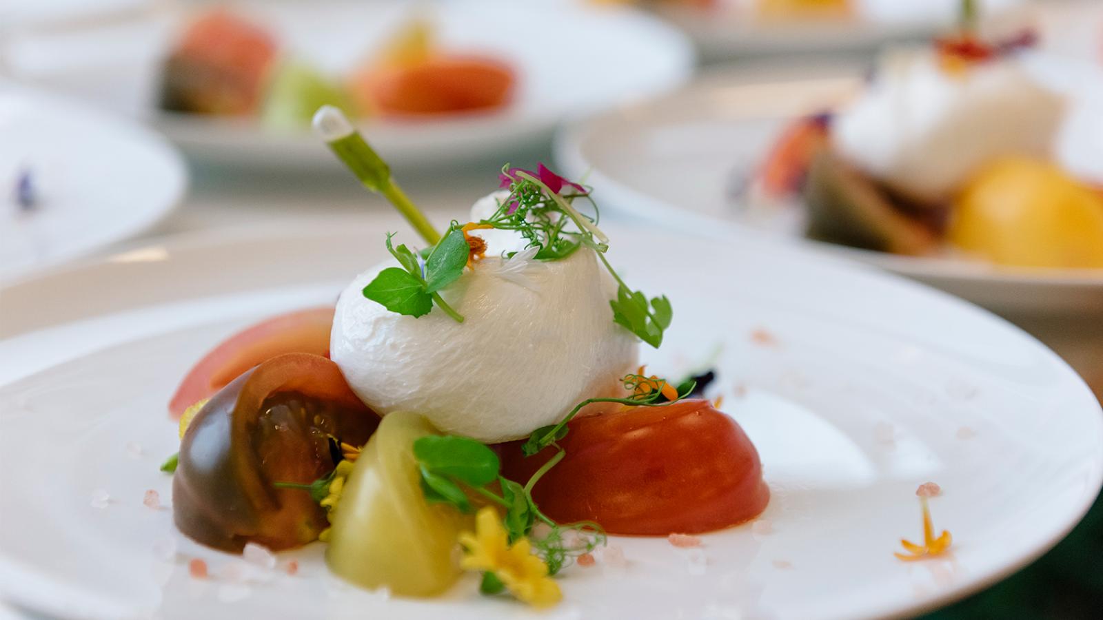 Burrata, beef steak heirloom tomatoes, Himalayan sea salt, and basil oil pipette